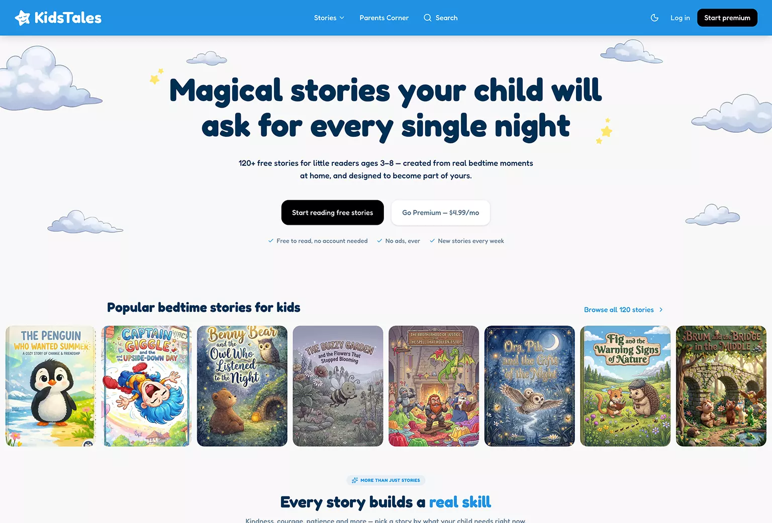 The Kids Tales website cover showing a library of free illustrated bedtime stories for children