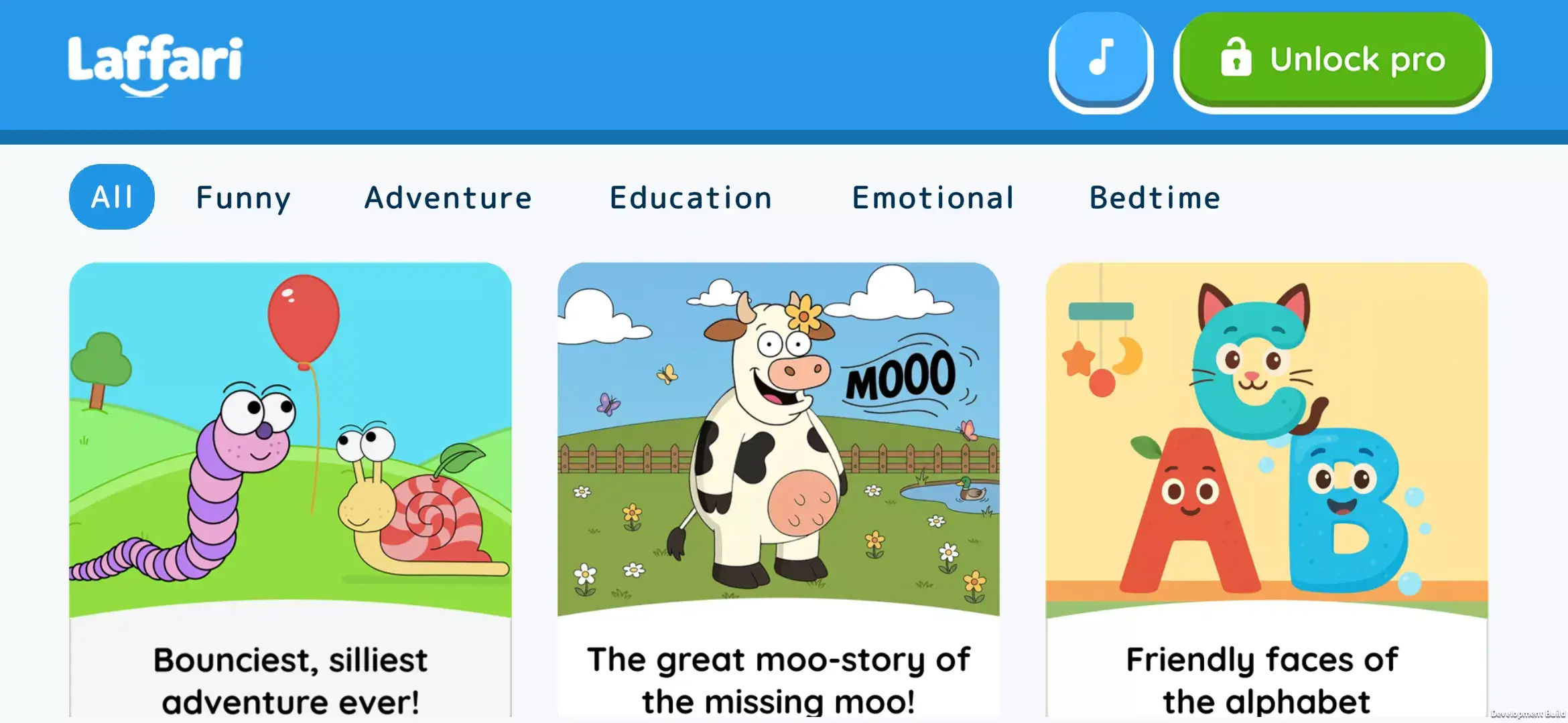 Laffari website landing page design showing story library