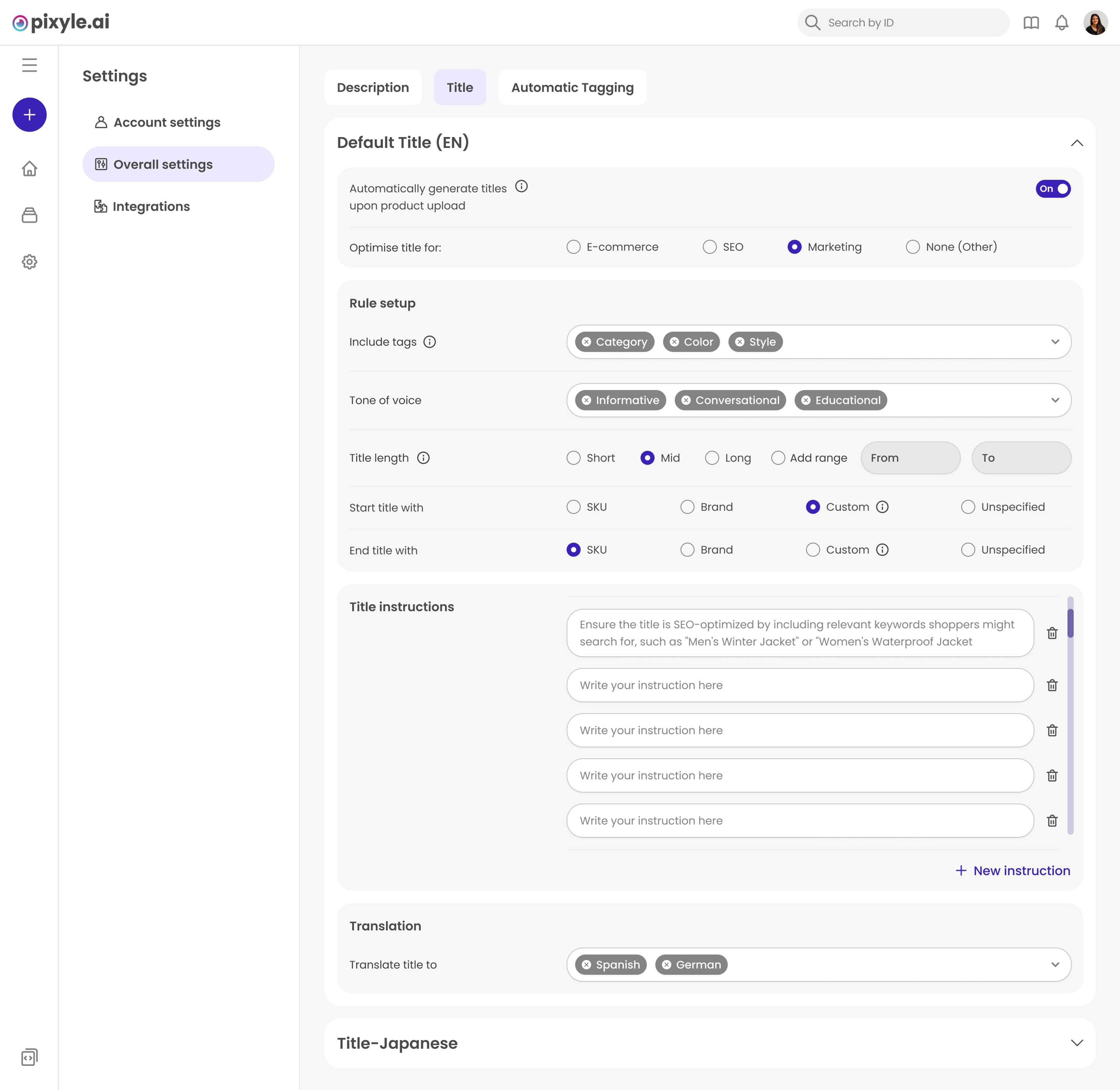 Pixyle AI settings configuration interface
