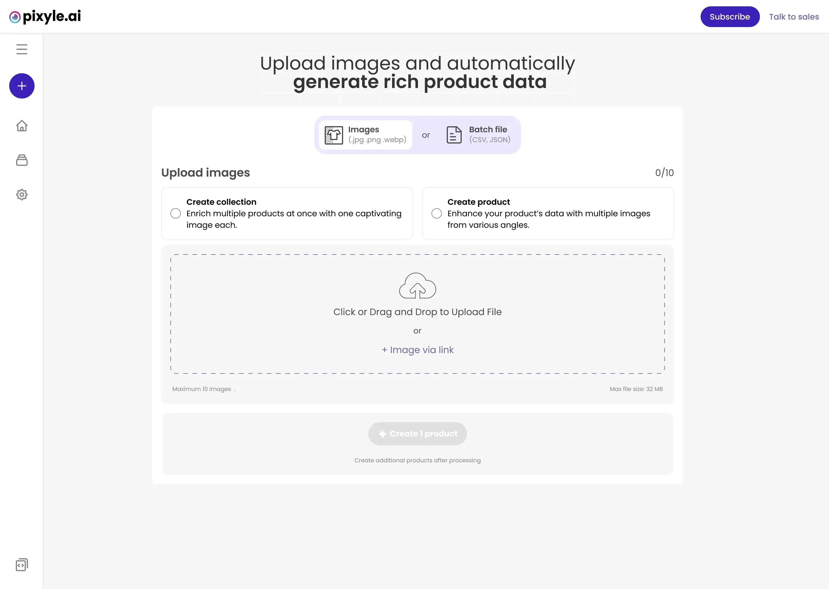 Pixyle AI bulk image upload interface