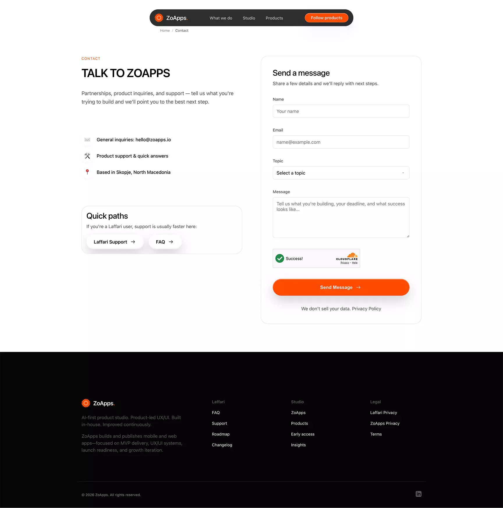 Zoapps contact and sales page interface design